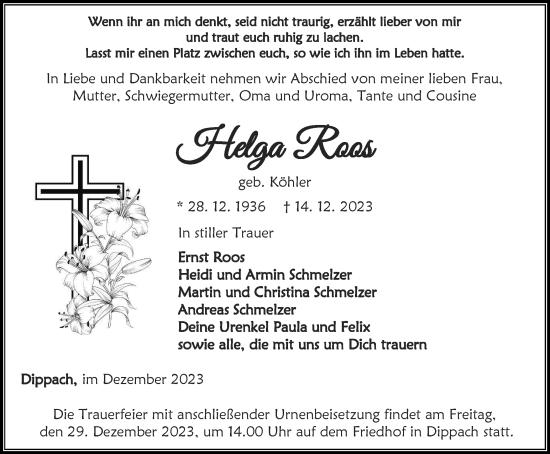 Traueranzeige von Helga Roos von Thüringer Allgemeine, Thüringische Landeszeitung