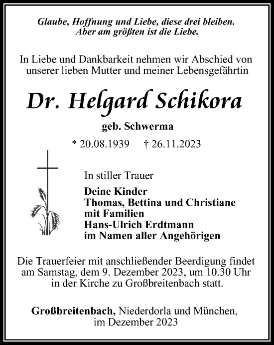 Traueranzeige von Helgard Schikora von Thüringer Allgemeine