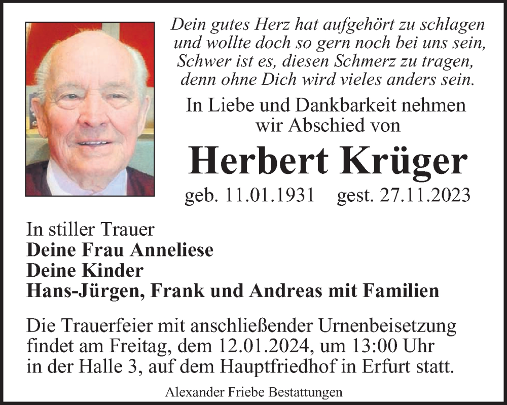 Traueranzeige für Herbert Krüger vom 16.12.2023 aus Thüringer Allgemeine, Thüringische Landeszeitung