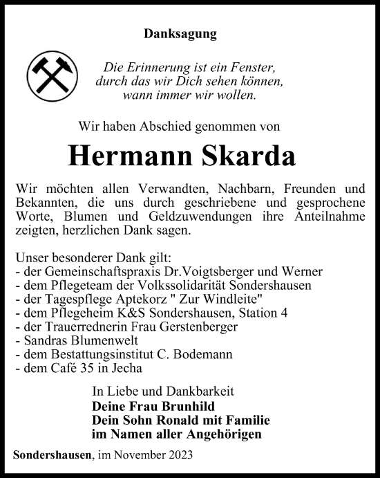 Traueranzeige von Hermann Skarda von Thüringer Allgemeine
