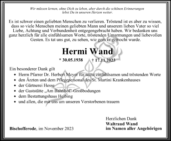 Traueranzeige von Hermi Wand von Thüringer Allgemeine