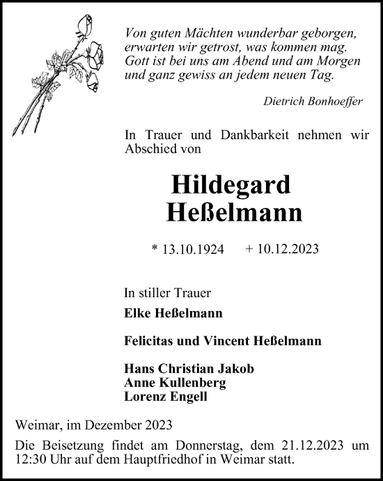 Traueranzeige von Hildegard Heßelmann von Thüringer Allgemeine, Thüringische Landeszeitung