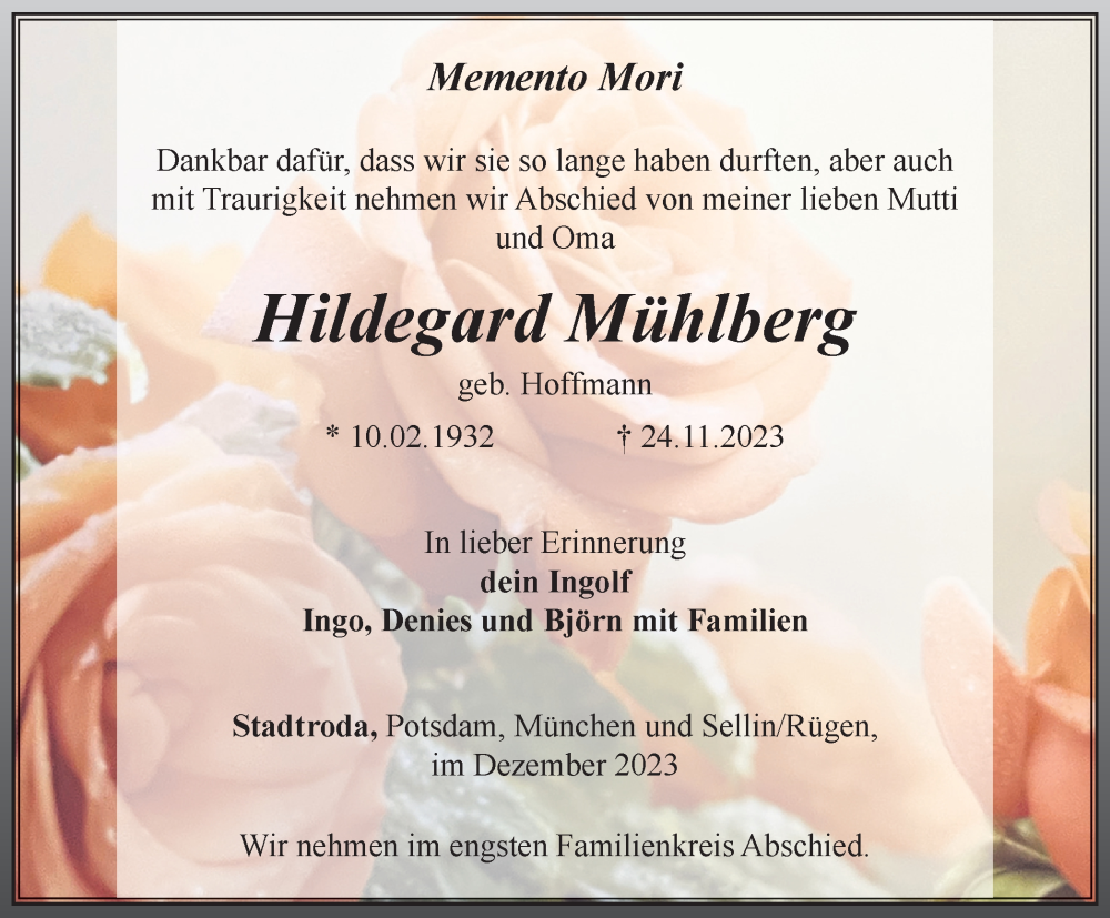  Traueranzeige für Hildegard Mühlberg vom 02.12.2023 aus Ostthüringer Zeitung