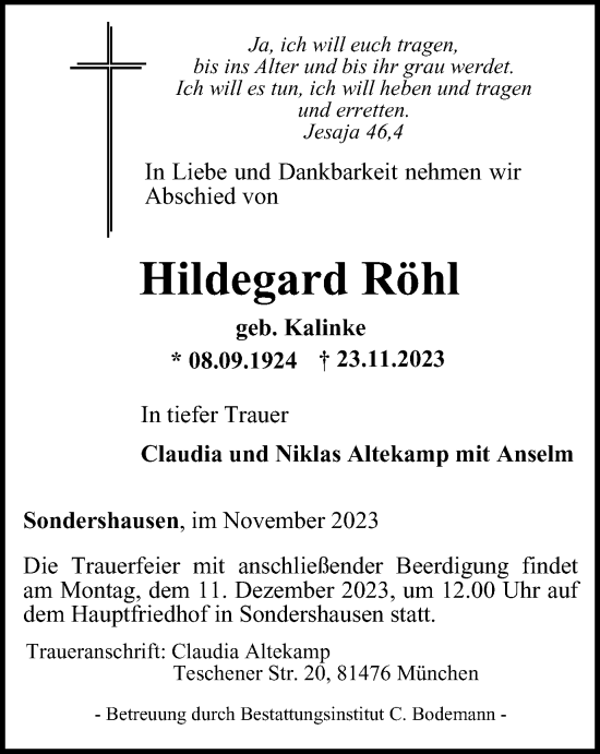 Traueranzeige von Hildegard Röhl