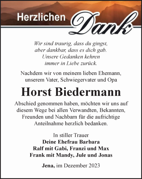 Traueranzeige von Horst Biedermann von Ostthüringer Zeitung, Thüringische Landeszeitung