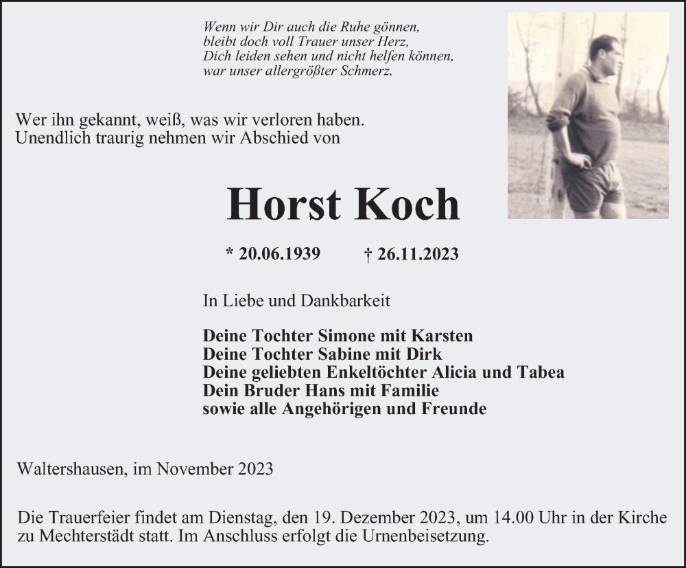  Traueranzeige für Horst Koch vom 02.12.2023 aus Thüringer Allgemeine, Thüringische Landeszeitung