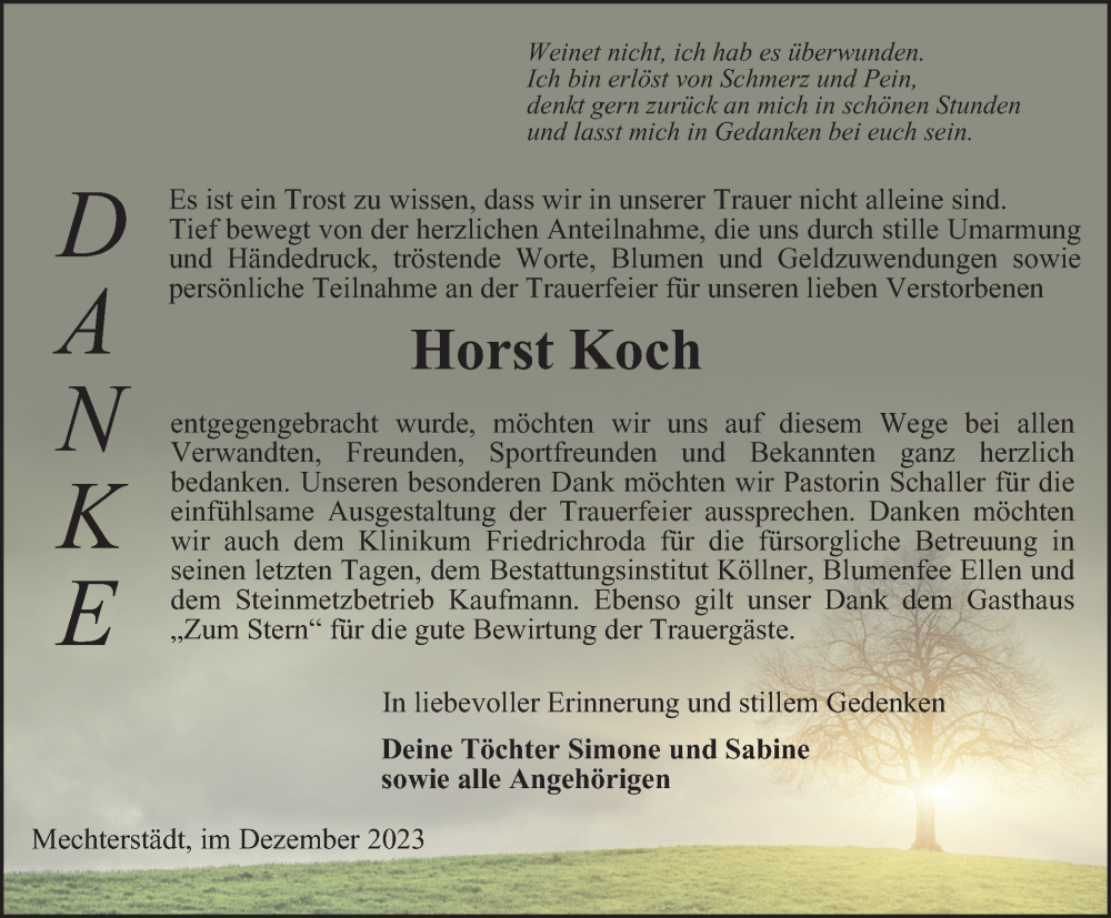  Traueranzeige für Horst Koch vom 30.12.2023 aus Thüringer Allgemeine, Thüringische Landeszeitung
