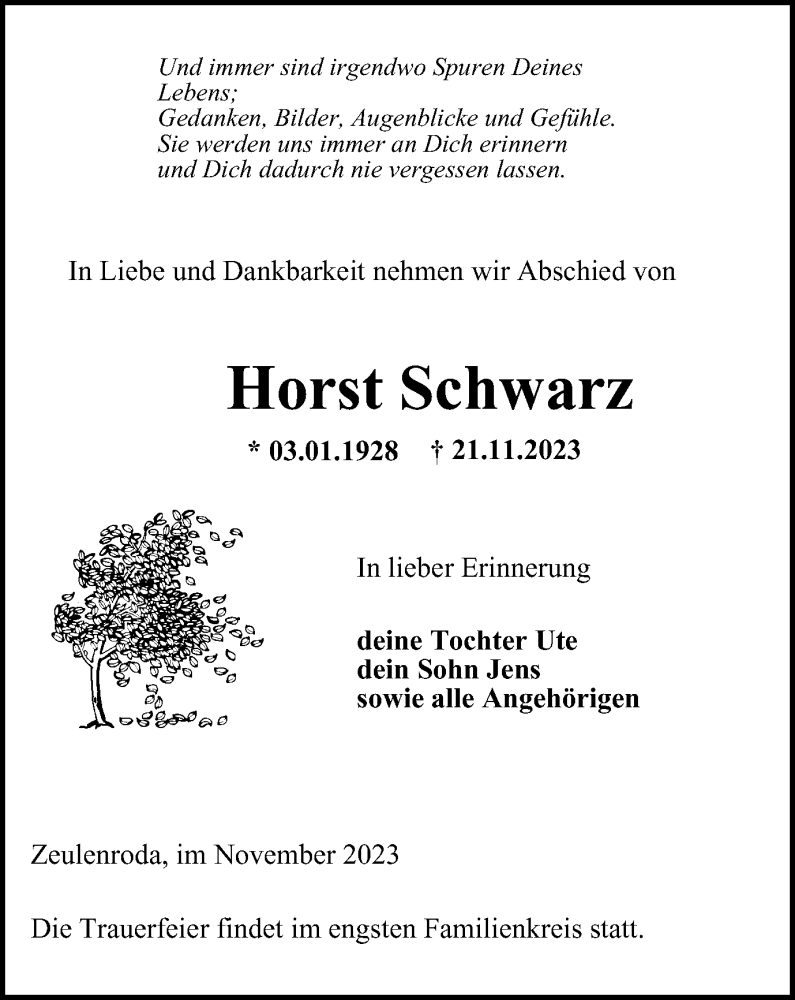  Traueranzeige für Horst Schwarz vom 02.12.2023 aus Ostthüringer Zeitung