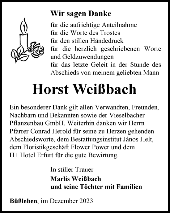 Traueranzeige von Horst Weißbach von Thüringer Allgemeine, Thüringische Landeszeitung