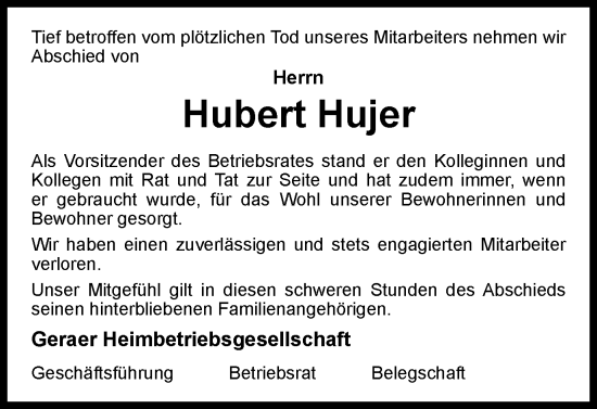 Traueranzeige von Hubert Hujer von Ostthüringer Zeitung