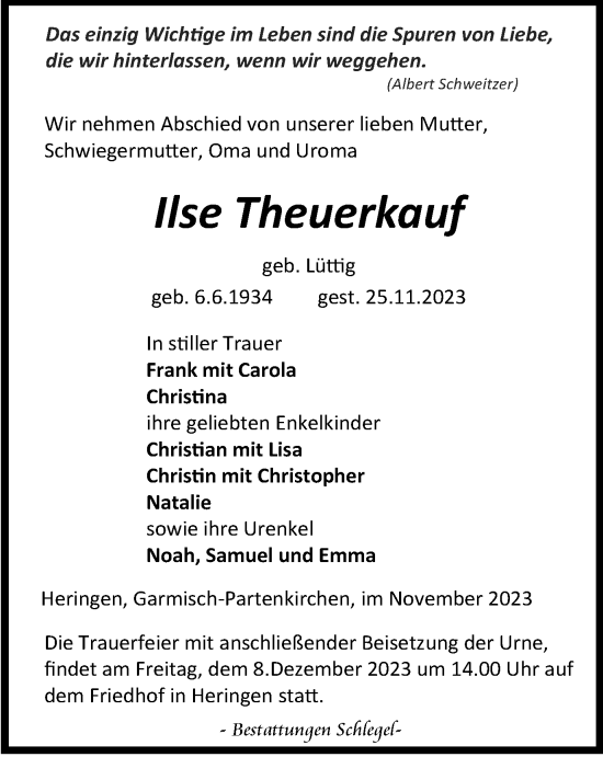 Traueranzeige von Ilse Theuerkauf von Thüringer Allgemeine