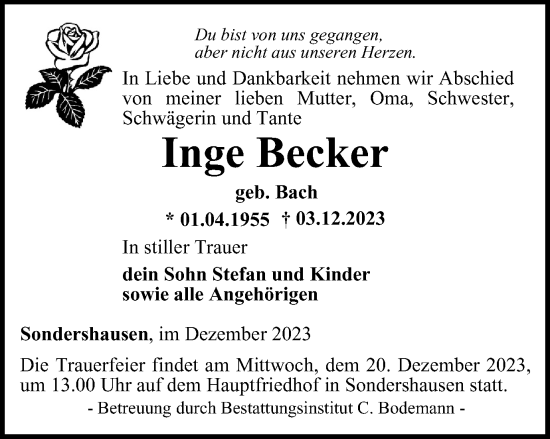 Traueranzeige von Inge Becker