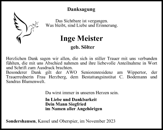 Traueranzeige von Inge Meister von Thüringer Allgemeine