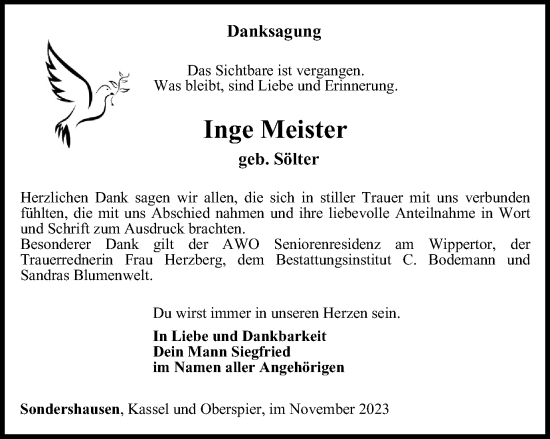 Traueranzeige von Inge Meister