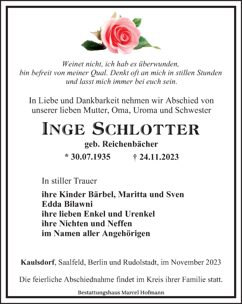  Traueranzeige für Inge Schlotter vom 02.12.2023 aus Ostthüringer Zeitung
