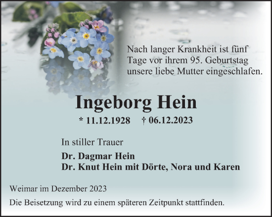 Traueranzeige von Ingeborg Hein von Thüringer Allgemeine, Thüringische Landeszeitung