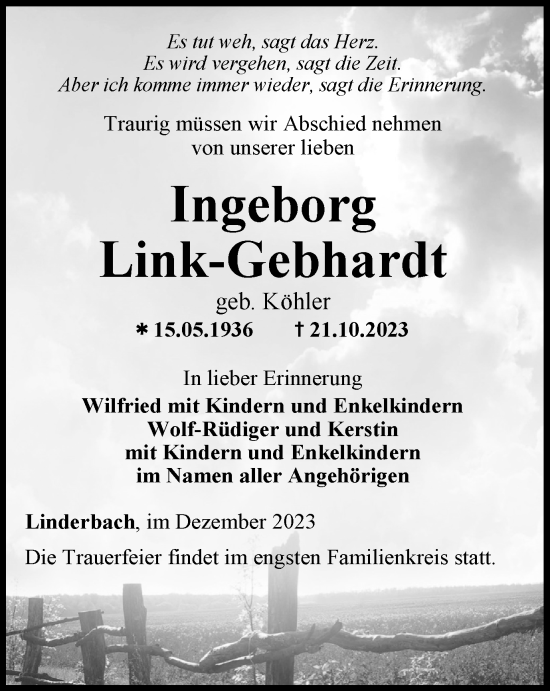 Traueranzeige von Ingeborg Link-Gebhardt von Thüringer Allgemeine, Thüringische Landeszeitung