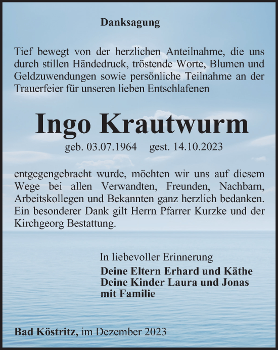 Traueranzeige von Ingo Krautwurm von Ostthüringer Zeitung