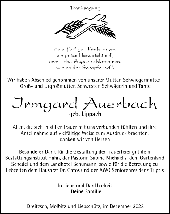 Traueranzeige von Irmgard Auerbach von Ostthüringer Zeitung