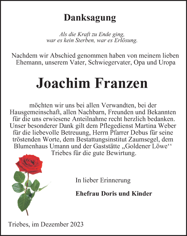  Traueranzeige für Joachim Franzen vom 16.12.2023 aus Ostthüringer Zeitung