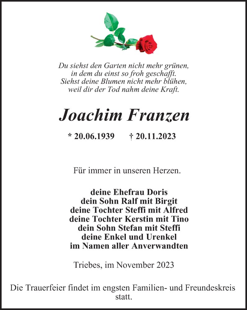  Traueranzeige für Joachim Franzen vom 02.12.2023 aus Ostthüringer Zeitung