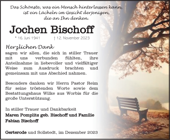 Traueranzeige von Jochen Bischoff von Thüringer Allgemeine