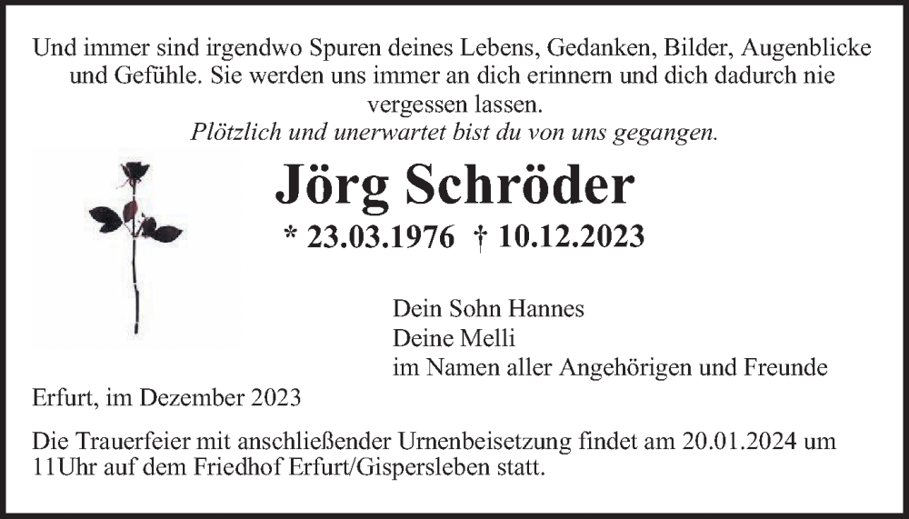  Traueranzeige für Jörg Schröder vom 30.12.2023 aus Thüringer Allgemeine, Thüringische Landeszeitung