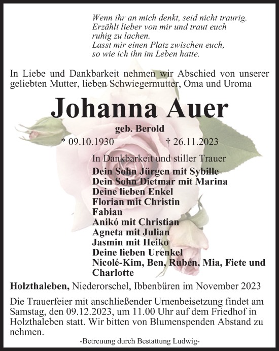 Traueranzeige von Johanna Auer von Thüringer Allgemeine