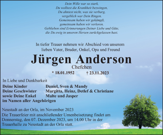 Traueranzeige von Jürgen Anderson von Ostthüringer Zeitung