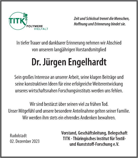 Traueranzeige von Jürgen Engelhardt von Ostthüringer Zeitung