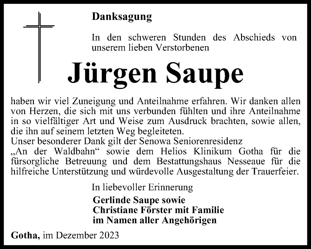  Traueranzeige für Jürgen Saupe vom 16.12.2023 aus Thüringer Allgemeine, Thüringische Landeszeitung