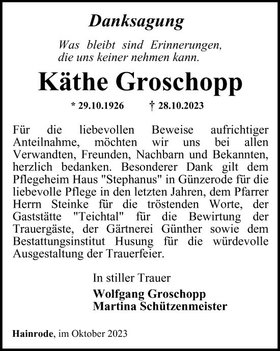 Traueranzeige von Käthe Groschopp von Thüringer Allgemeine