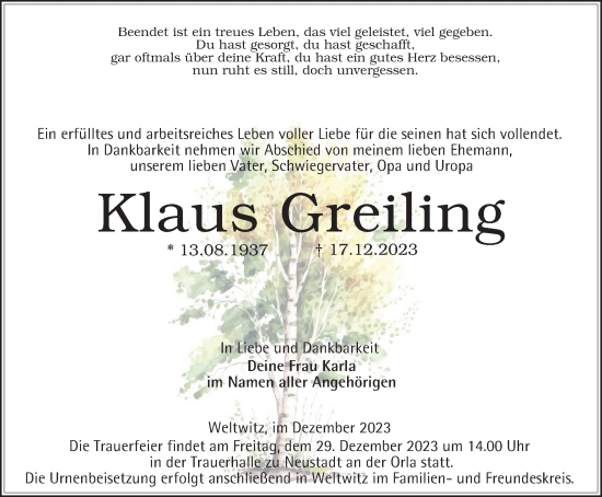 Traueranzeige von Klaus Greiling