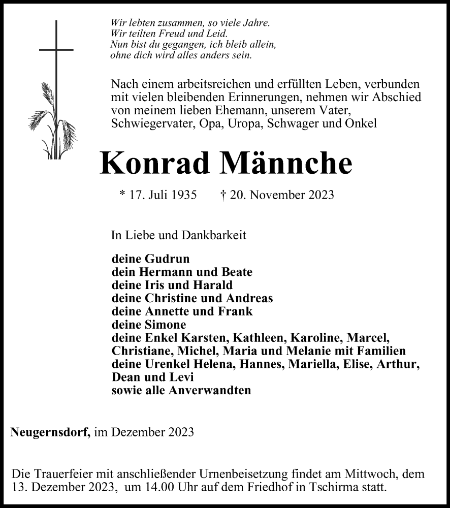  Traueranzeige für Konrad Männche vom 02.12.2023 aus Ostthüringer Zeitung