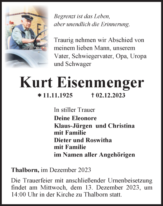 Traueranzeige von Kurt Eisenmenger von Thüringer Allgemeine