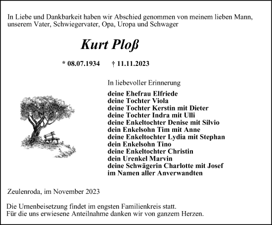 Traueranzeige von Kurt Ploß von Ostthüringer Zeitung