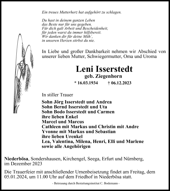 Traueranzeige von Leni Isserstedt