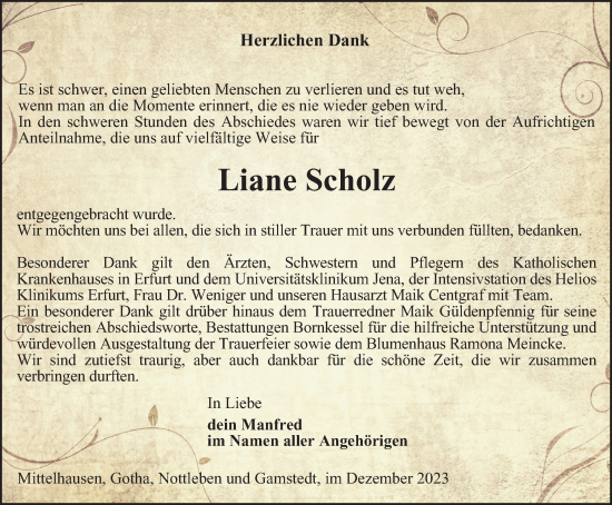 Traueranzeige von Liane Scholz von Thüringer Allgemeine, Thüringische Landeszeitung