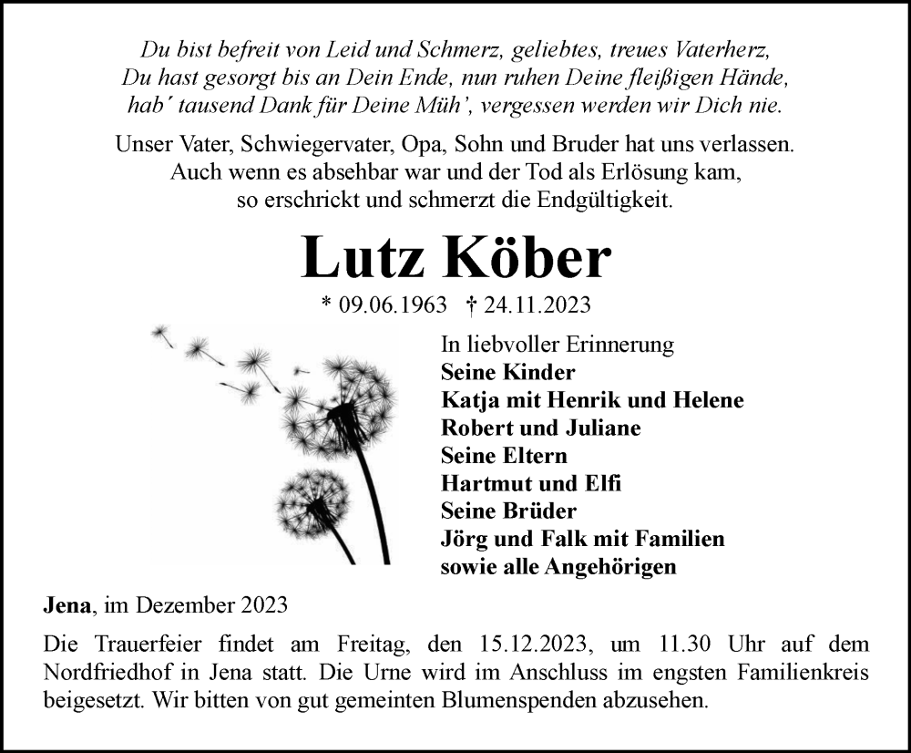  Traueranzeige für Lutz Köber vom 02.12.2023 aus Ostthüringer Zeitung, Thüringische Landeszeitung