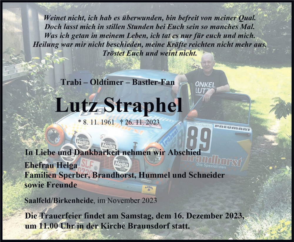  Traueranzeige für Lutz Straphel vom 02.12.2023 aus Ostthüringer Zeitung