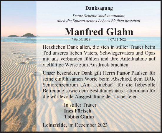 Traueranzeige von Manfred Glahn von Thüringer Allgemeine