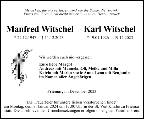 Traueranzeige von Manfred und Karl Witschel von Thüringer Allgemeine, Thüringische Landeszeitung