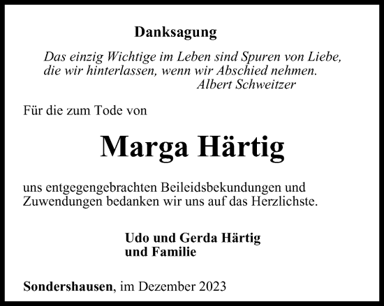 Traueranzeige von Marga Härtig von Thüringer Allgemeine