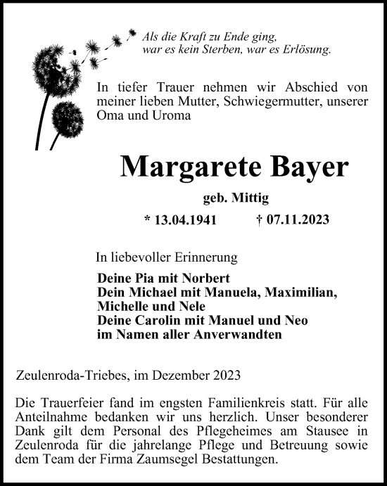 Traueranzeige von Margarete Bayer von Ostthüringer Zeitung