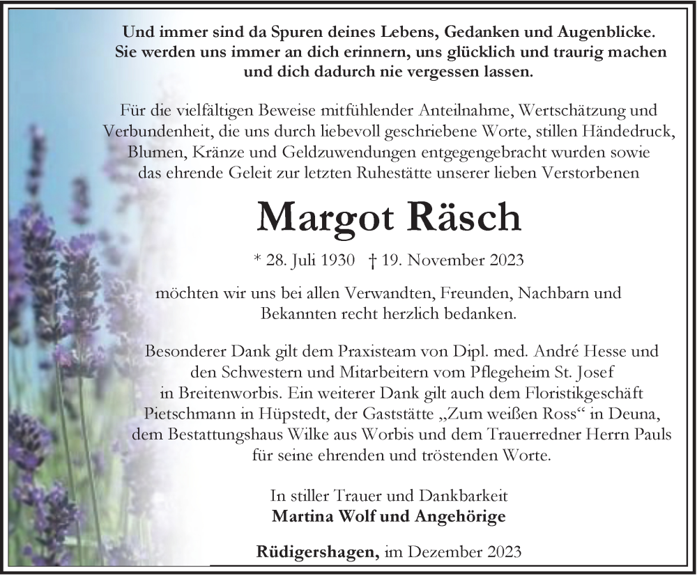  Traueranzeige für Margot Räsch vom 22.12.2023 aus Thüringer Allgemeine