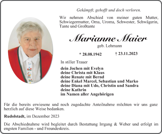 Traueranzeige von Marianne Maier von Ostthüringer Zeitung