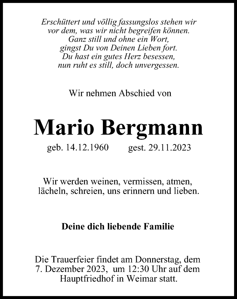  Traueranzeige für Mario Bergmann vom 06.12.2023 aus Thüringer Allgemeine, Thüringische Landeszeitung