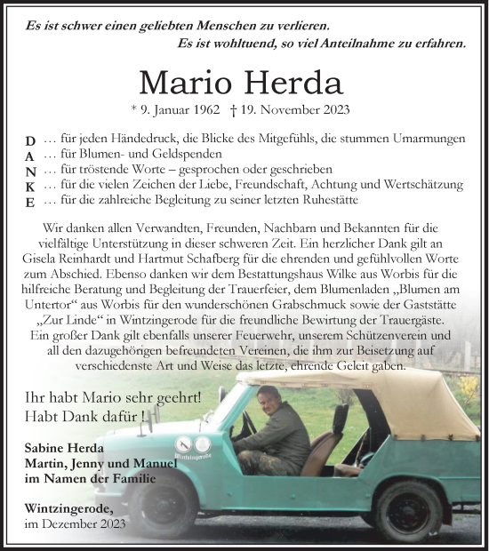 Traueranzeige von Mario Herda von Thüringer Allgemeine