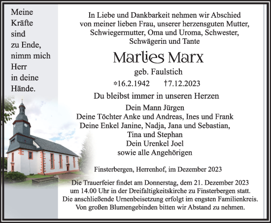 Traueranzeige von Marlies Marx von Thüringer Allgemeine, Thüringische Landeszeitung