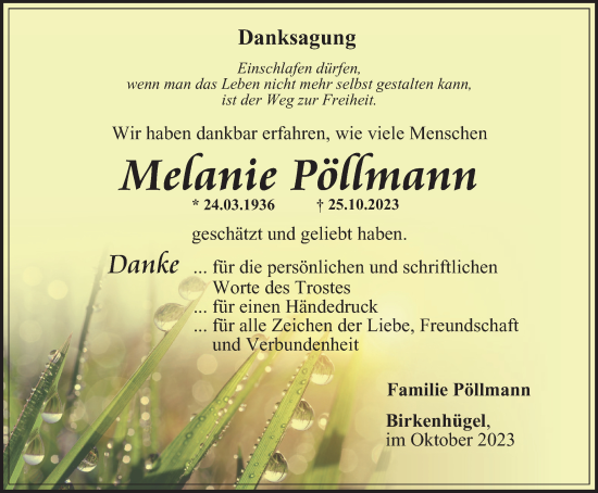 Traueranzeige von Melanie Pöllmann von Ostthüringer Zeitung